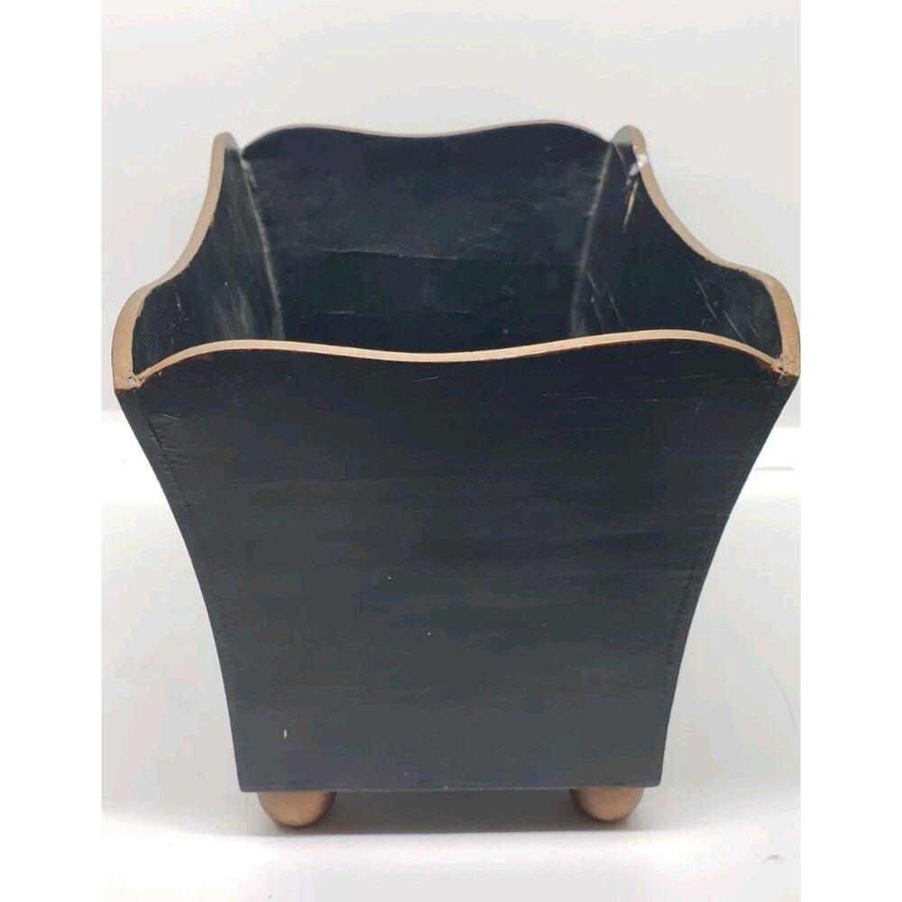 Vintage Toleware Hand Painted Roses Black Jardiniere Cache Pot Decor Vanity - Picture 4 of 12